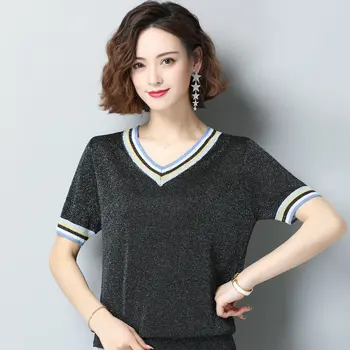 

Women Summer Blouses Pink Navy Blue Black Bright Yarn Woven Tops Femlae Elegant Short Sleeve V-neck Stripe Hem Patchwork Blouse