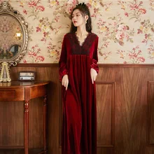 Vintage Nightgown Red Women's Nightie Velvet French Nightdress V Neck Court Style Lounge Wear Home Winter 2021 Phoentin FG260