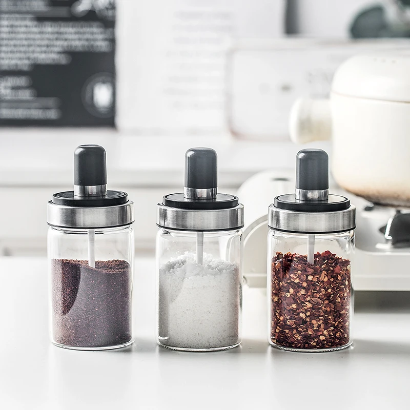 

Glass Spice Containers Seasoning Jar With Spoon Oil Honey Salt And Pepper Dispenser Bottle Kitchen Accessories