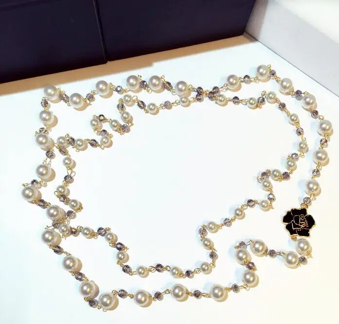 Ожерелье с кристаллами и жемчугом камелии, многослойное ожерелье для свитера, ожерелье для женщин