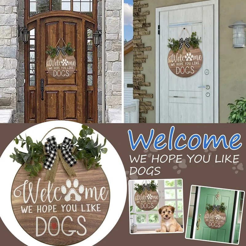 Welcome Sign Wreath Front Door Hanger With Bow We Hope You Like Dogs Round Outdoor Vertical Hanging Decor | Дом и сад