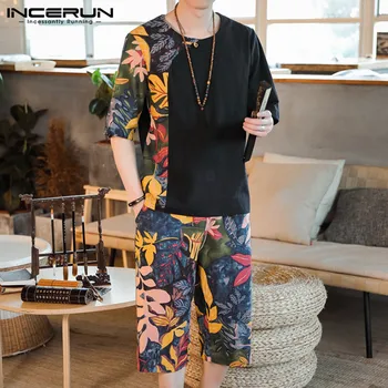 

INCERUN Vintage Men Sets Printed Short Sleeve T Shirt Elastic Waist Casual Pants 2 Pieces Streetwear Ethnic Style Men Sets S-3XL