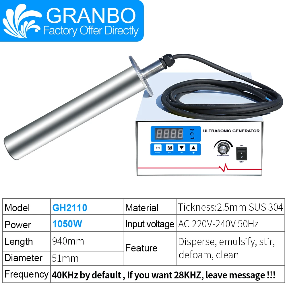 

Granbo GH2110 40kHz 1050W Ultrasonic Immersible Vibration rod Shock Stick Hardware Circuit Board Cleaning machine