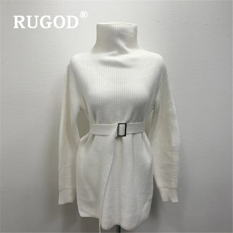 RUGOD Пояс Ретро корейский миди платье сплошной полный рукав Топ для женщин Трикотаж Дамы платья Simplee одежда Сплит длинный свитер
