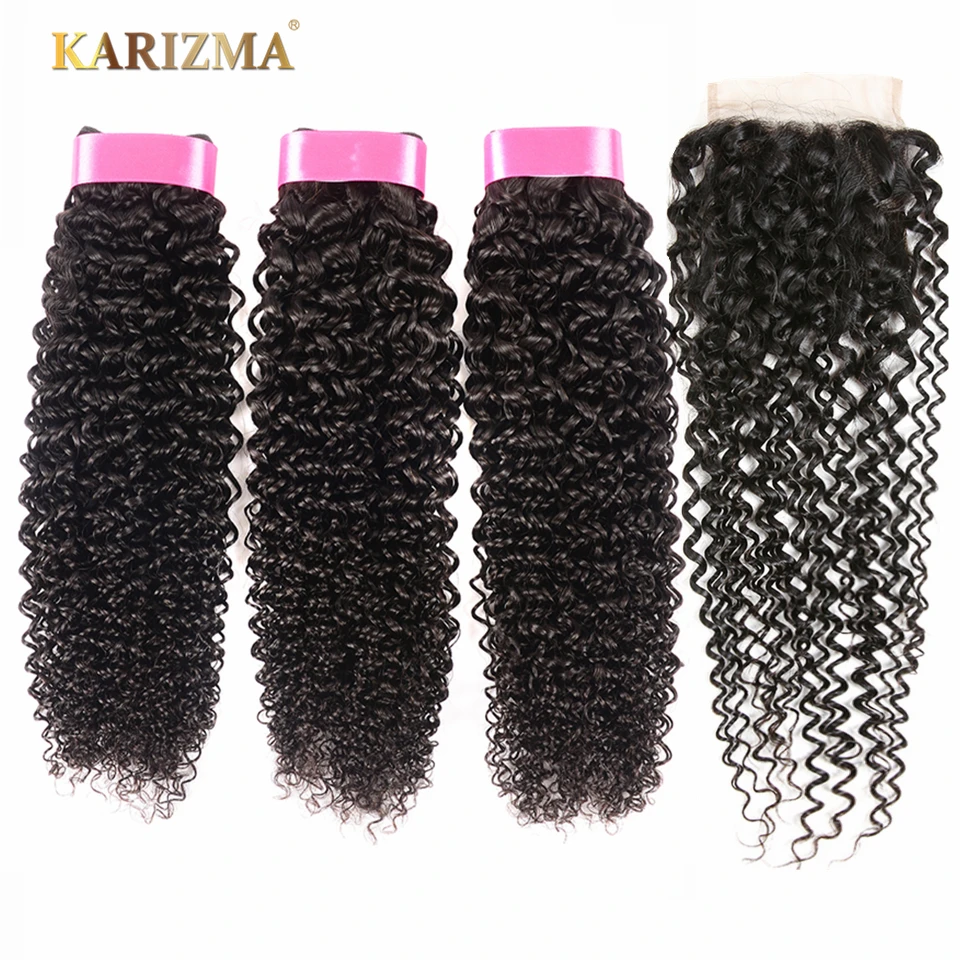 

Karizma Brazilian Kinky Curly Weave Human Hair 3 Bundles With Closure Non Remy Brazilian Hair Weave Bundles With Closure 4Pcs