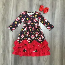 Рождественское платье для маленьких девочек; зимнее платье для девочек; платье до щиколотки с принтом Санта-Клауса; Красное длинное платье с бантом