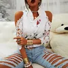 Women Sexy Printed Shirts Blouses Elegant Short Sleeve Lace V-Neck Summer Female Strapless Blouse Tops 2