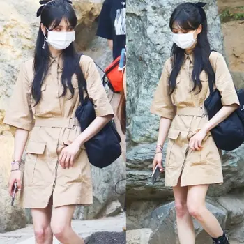 

2020 Early Autumn Zheng Shuang Star Celebrity Style Khaki Workwear Dress Female Waist Hugging Slimming Lapel Shirt Short Skirt