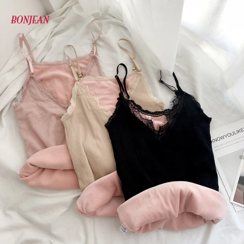 Women Velvet Lace Thermal Vest Fleece Second Thermal Slim Winter Warm Pajamas Underwear Vest Thick O Neck Female Pink Tank Tops