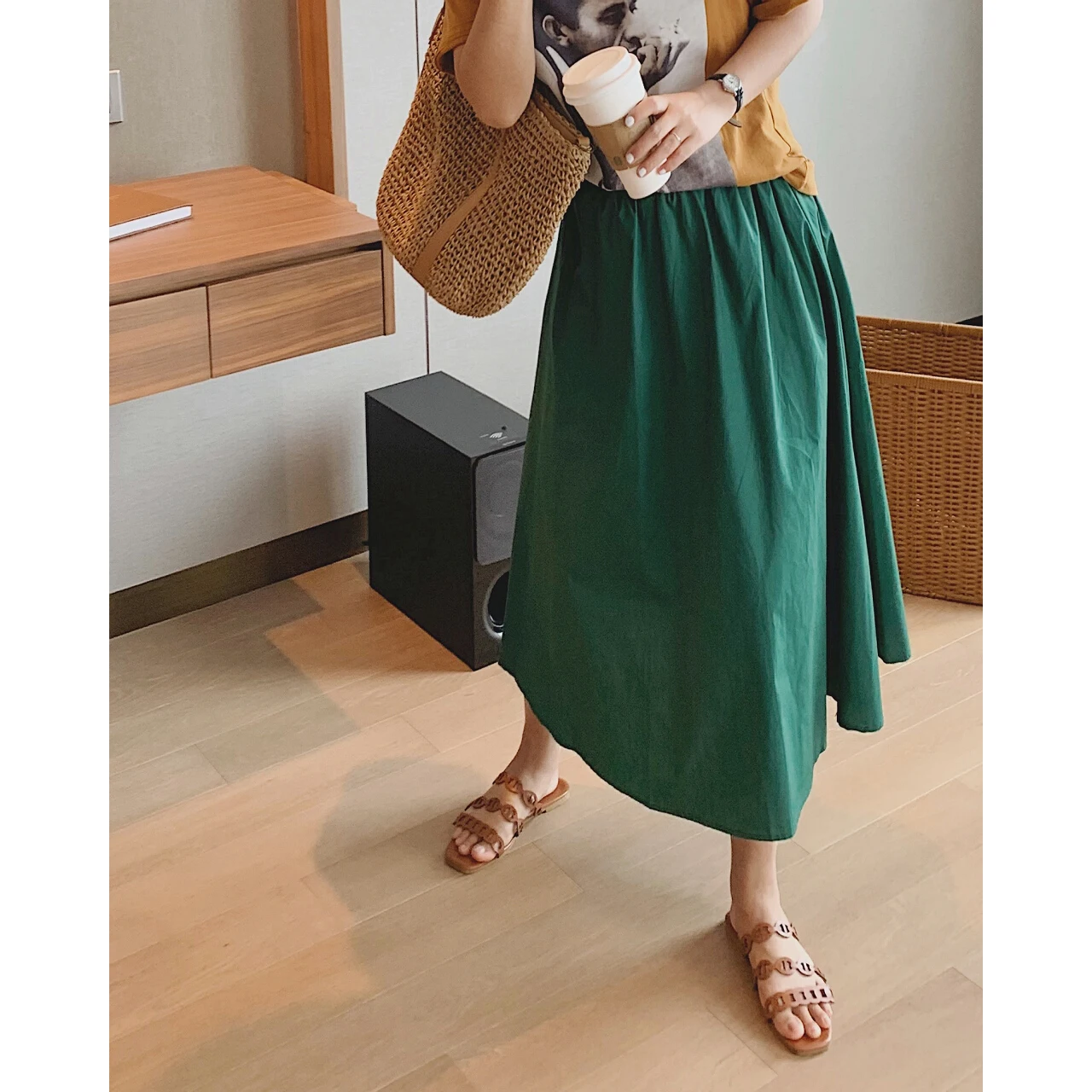 2023 Women's High-Waisted Basic Green White Pleated Midi Long Skirt Y2k Woman Goth Vintage Clothes Korean Fashion Summer Boho