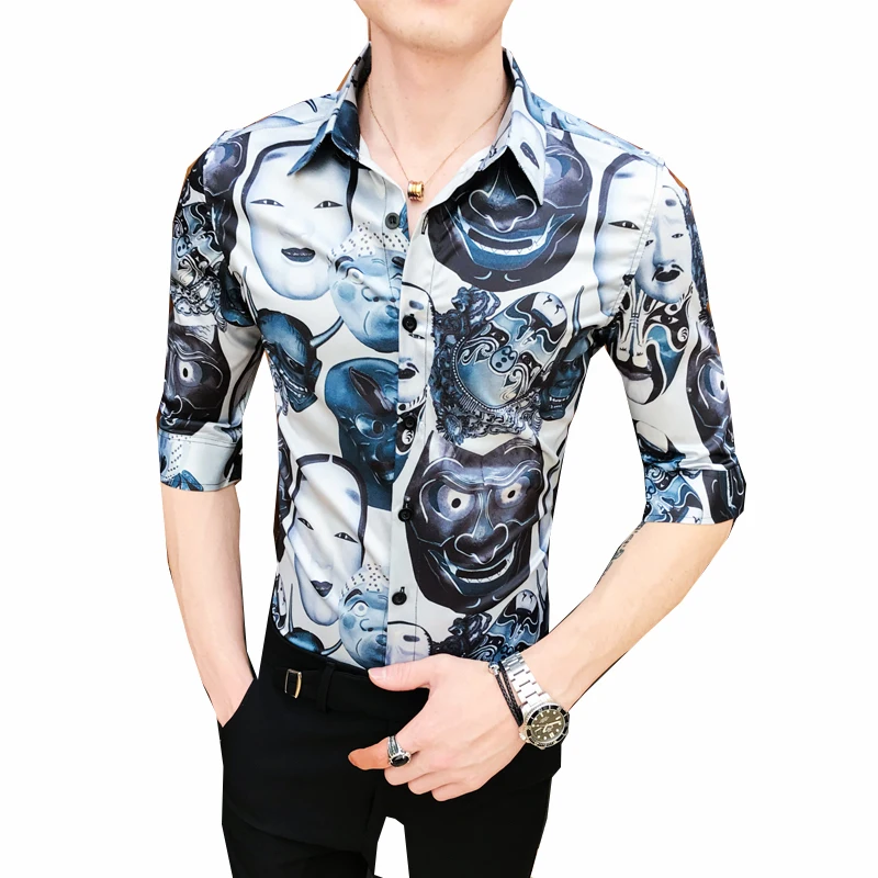 Модная мужская рубашка с принтом, Camisa Masculina, облегающие повседневные рубашки, летние мужские Клубные уличные рубашки, Chemise Homme