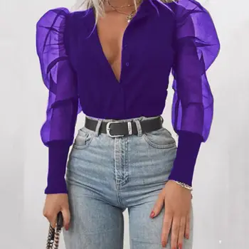 

Women Sexy Summer Button Neck Tulle Ruffle Shirts Ladies Loose Casual Slim Fit Mesh Long Puff Sleeve Tops V-Neck Blouse Tees