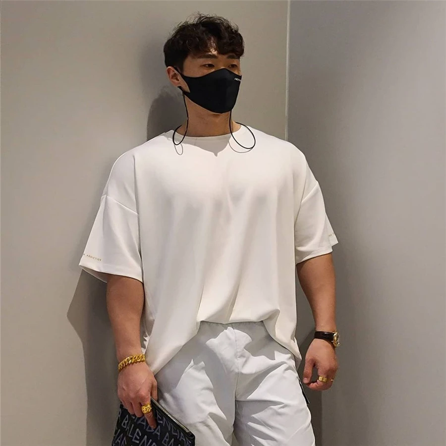 

Мужская одежда для тренажерного зала, Мужская футболка большого размера для фитнеса, уличная футболка в стиле хип-хоп, свободная футболка с ...