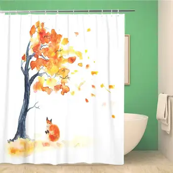 

Bathroom Shower Curtain Watercolor Autumn Tree Yellow and Orange Leaves Red Fluffy Polyester Fabric 60x72 inches Waterproof Bath