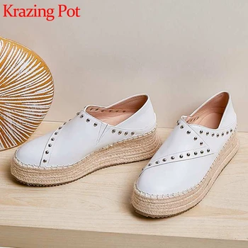 

Krazing Pot chic solid genuine leather rivets slip on casual shoes weave thick bottom round toe autumn fashion women pumps L97