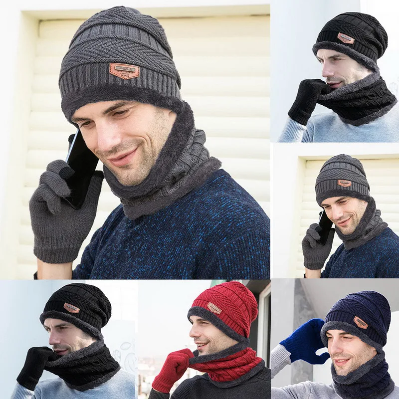 Unisex Beanies Hat Ring Scarf Gloves Set Winter Knitted Thick Warm  Women Men Solid Retro Beanie Hat Soft Touch Screen Gloves