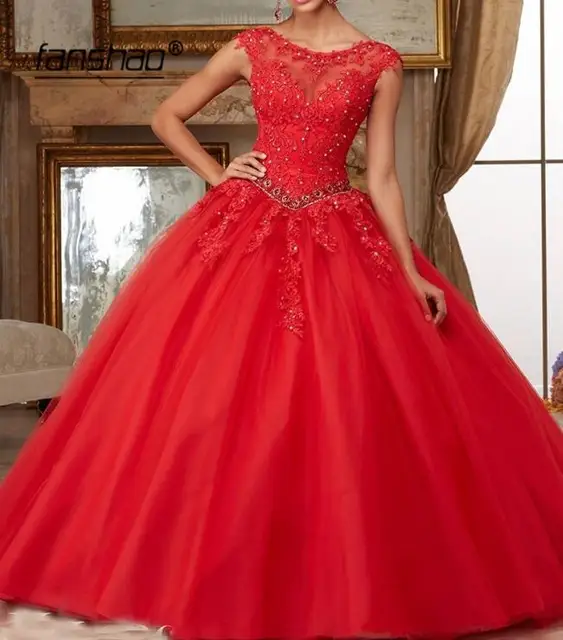 Fanshao Quinceanera Dresses Appliques Beads Scoop Neck Ball Gowns Sparkly Sweet 16 Year Princess Dresses For 15 Years Vestidos Red