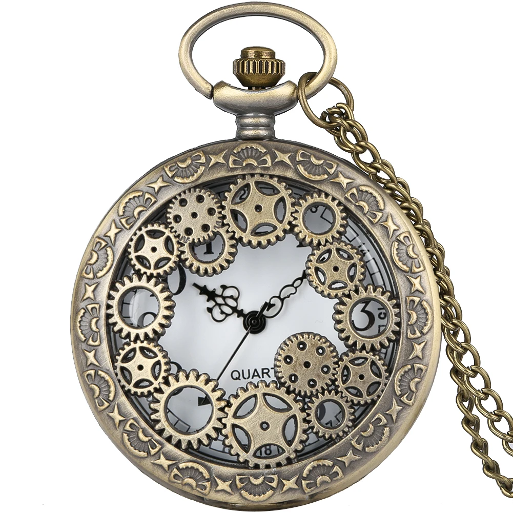 Винтажные бронзовые полые зубчатые колеса кварцевые карманные часы с ожерелье-Компас цепь антикварные часы Рождественский подарок для мужчин и женщин