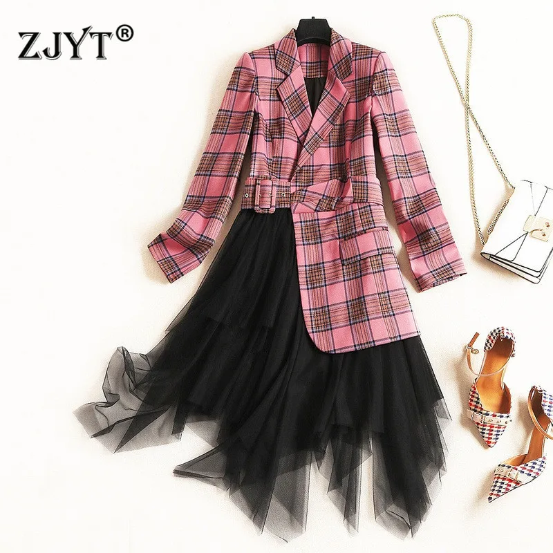 

New Fashion Runway Designer Autumn Dress Women 2019 Elegant OL Notched Plaid Blazer Patchwork Irregular Tulle Party Office Dress