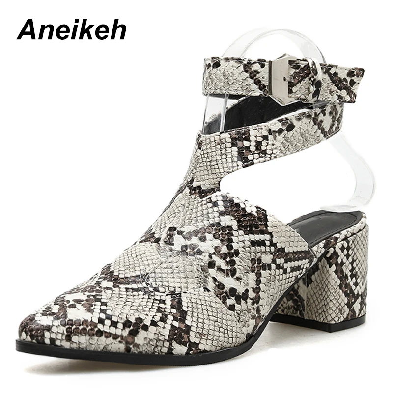 

Aneikeh NEW PU Python Print Sexy Women Sandals pointed end Block High Heels For Woman Wedding Party Ladies Shoes Big Size 35-40