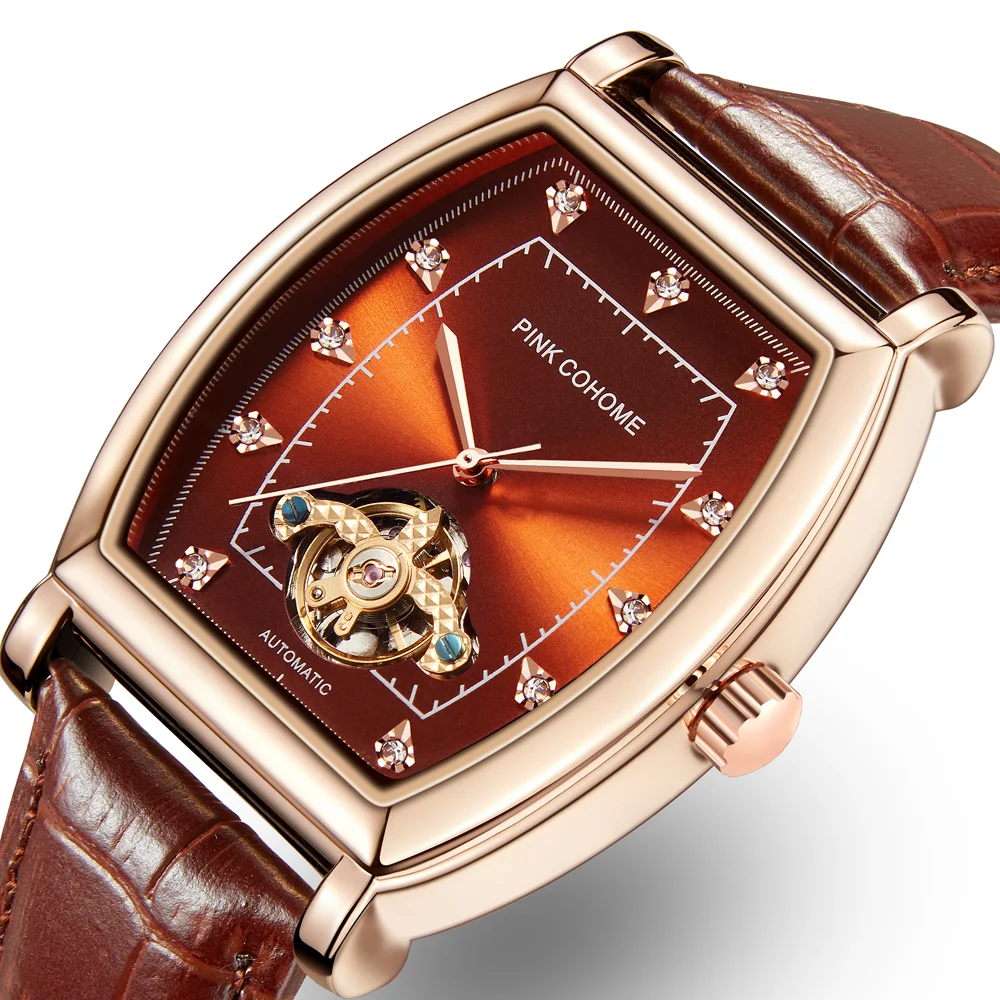 

Luxury Tourbillon Automatic Watches Rectangle Mechanical Wristwatch Clock Men Square Case Waterproof Genuine Leather Strap