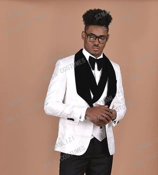 2019 New Custom Made Groom Tuxedos White Best Man Black Velvet Lapel Groomsman Men Wedding Suits