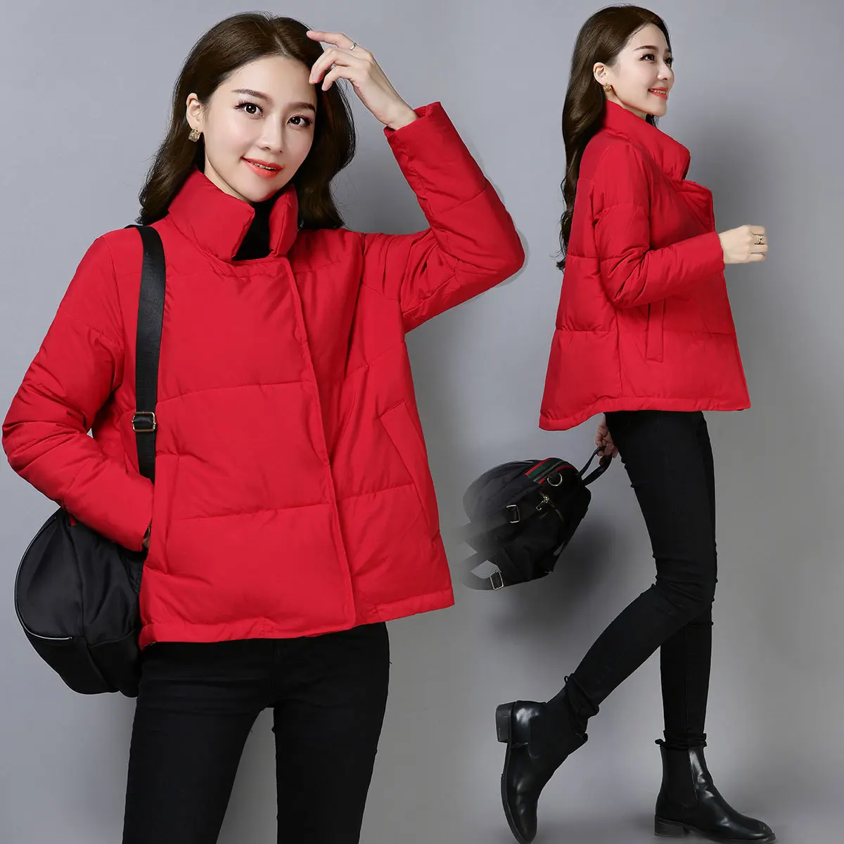 

2018 Winter Stand Collar Hidden Button Straight-Cut Solid Color Versitile Fashion Cool Women's Short Cotton-padded Clothes Cotto