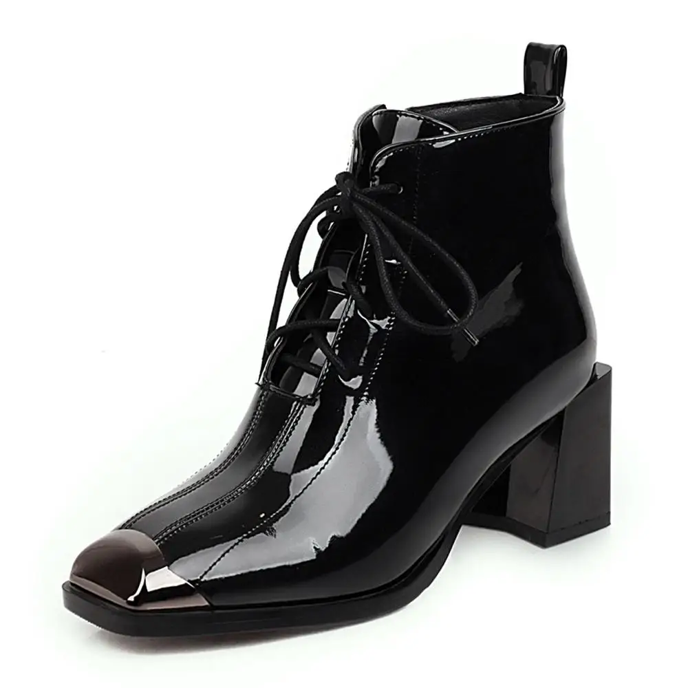 

Cross Strap Square Heel Square Toe Patent Leather Lace Ankle Boots Velvet 2020 Warm Women's Boot Side Zipper Bright leather Shoe