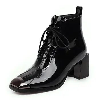 

Cross Strap Square Heel Square Toe Patent Leather Lace Ankle Boots Velvet 2020 Warm Women's Boot Side Zipper Bright leather Shoe