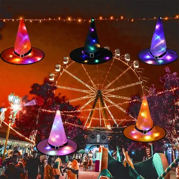 

2020 Halloween Decoration LED Witch Hats Cap Children Kids Halloween Costume Props Battery Outdoor Hanging Ornaments 2pcs/set