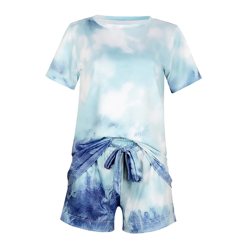 Women Casual Loose Tie Dye Colorful Clothing Sets Lady Short Sleeve Pullover Crew Neck Top +  High Waist Drawstring Shorts loungewear sets