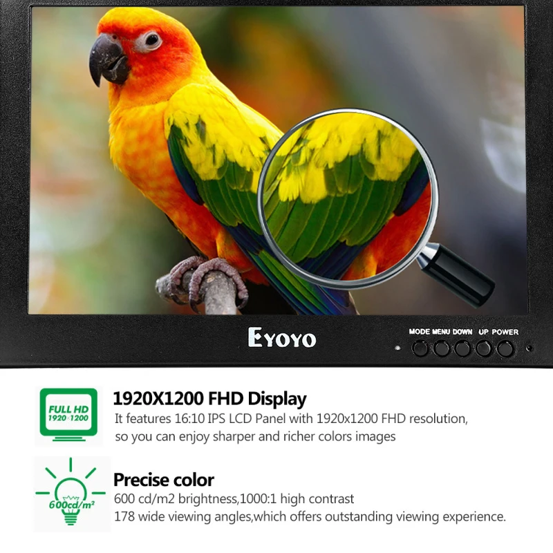 Eyoyo 1" дюймовый TFT LCD HDMI 1920x1200 монитор Full HD экран VGA/HDMI/bnc-вход автомобильный FPV DVD PC монитор камеры CCTV