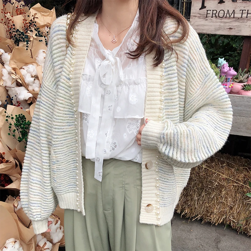 

Mishow 2019 Women Autumn Winter Striped Knitted Cardigan Korean Single-breasted Half Open Collar Female Sweater Coat MX19C5237