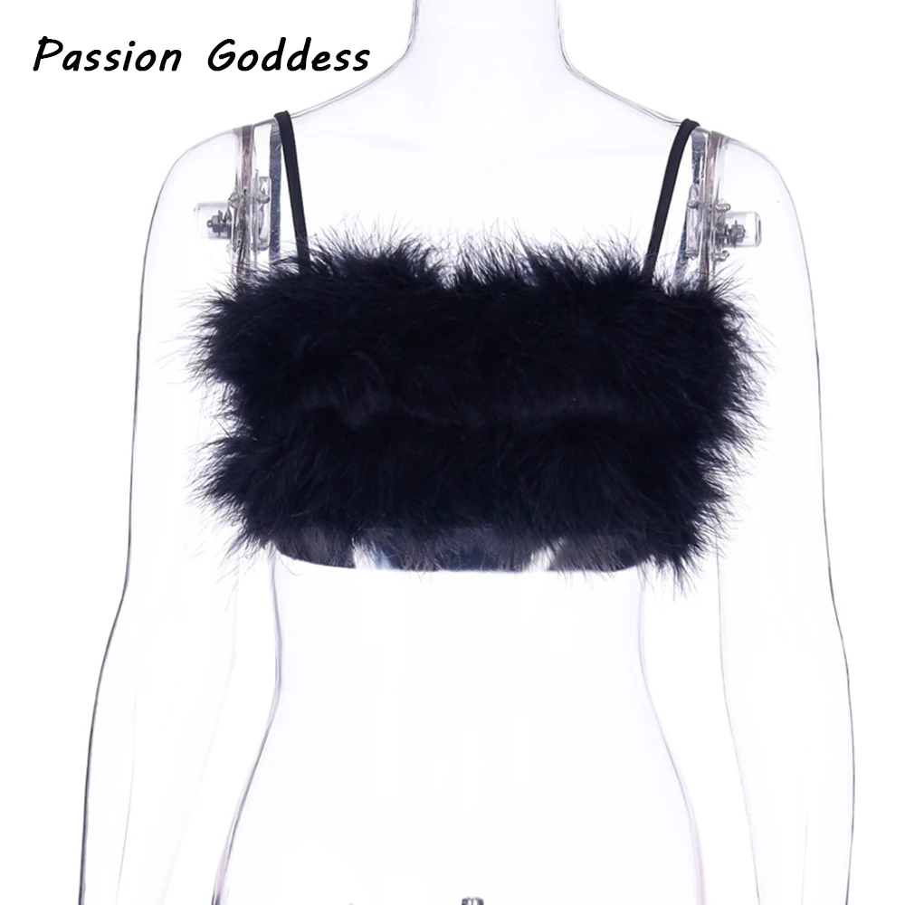 Cute Women Fluffy Fur Pink Camisole Full Fur Sling Fuzzy Top