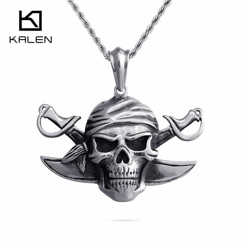 

Punk Viking Pirate Skull Pendant Necklace For Men Stainless Steel Personalised Skull 50cm 55cm 60cm Chain Necklace Jewelry