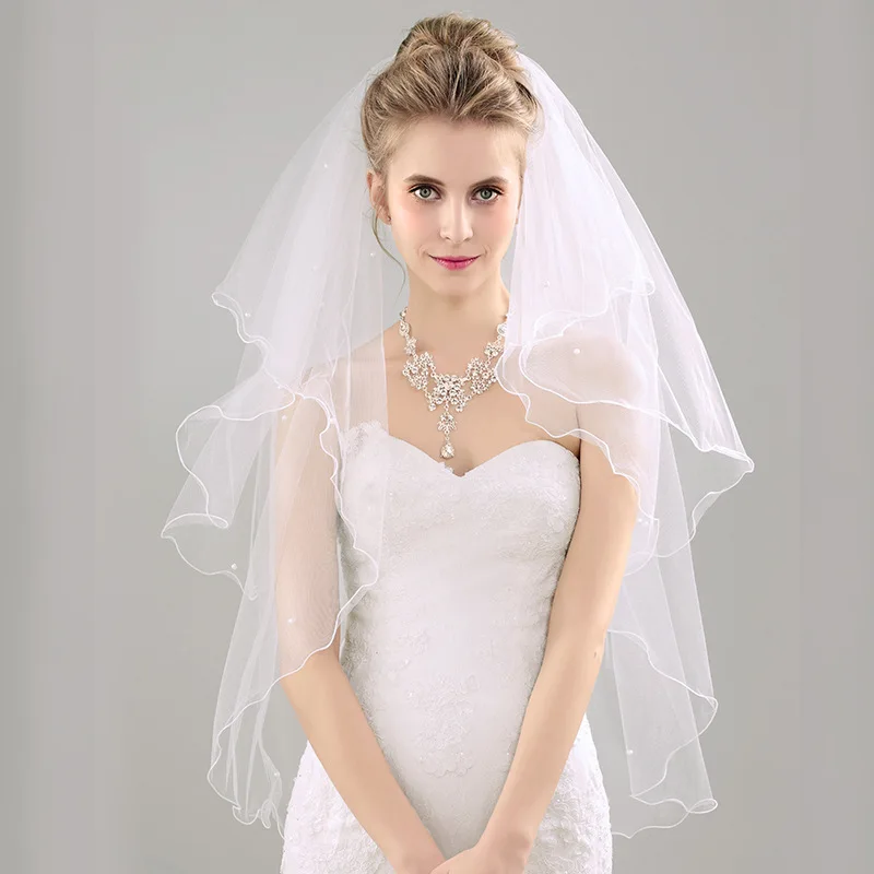 Bridal Pearl Ivory Veil Short Wedding vail Pencil Edge Wedding Veils With Comb Bride Veil Tulle Velo De Novia Corto