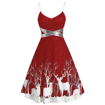 

New Christmas Fawn Print Dress With Sexy Condole Belt Slim Body And Big A-line Deer Print Dress Vintage Dress