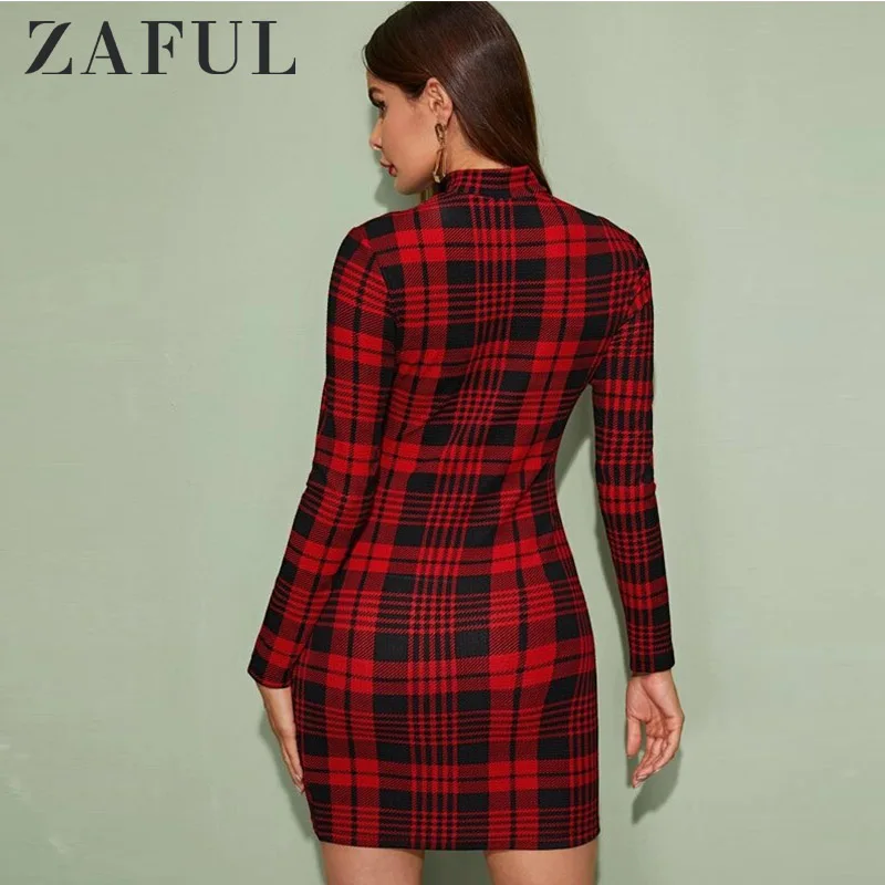 Зимнее женское платье ZAFUL, винтажное, в клетку, ломаную клетку, облегающее, сексуальное, мини платье,, коктейльное, с имитацией шеи, облегающее, вечерние, рождественское платье