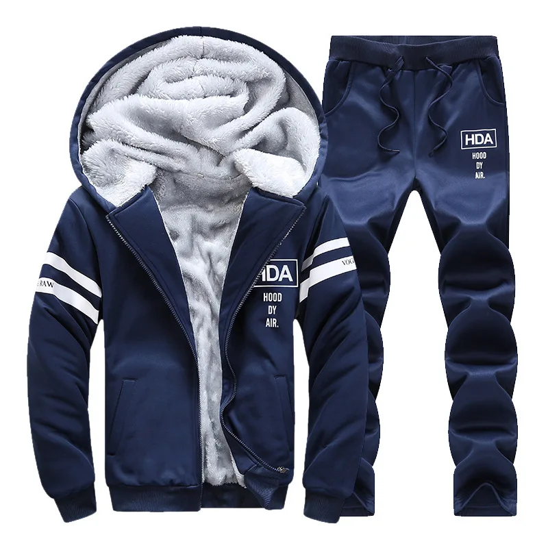 

New Winter Men Sports Suit Tracksuits Male Thick Fleece Hoodies+Pants Zipper Hooded Sweatshirt Sportswear Set Male Sporting Suit