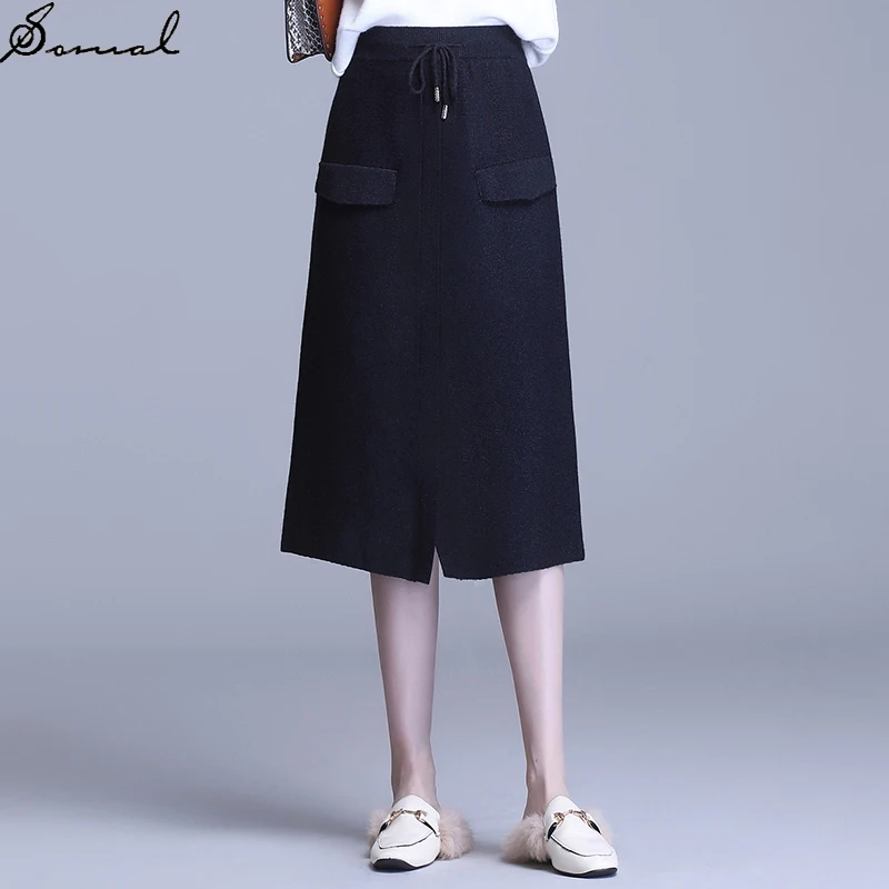 

SOMAL 2020 Autumn Winter Women Knitted A Line Skirt with Front Pockets and Lace Up Ladies Thick and Warm High Waist Midi Skirts