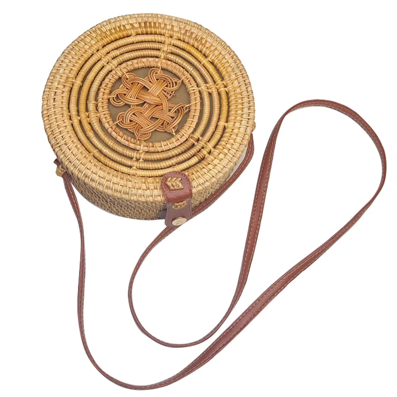 

ABZC-Round Rattan Bag Summer Straw Button Handmade Woven Beach Shoulder Bag for Women Cross Body Tote Bali Bohemian