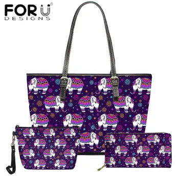 

FORUDEISGNS Luxury Handbags Customize Women Bags Indian style Mandala Elephant 2020 PU Leather Totes Bag Set Of 3 Girl Hand-bag