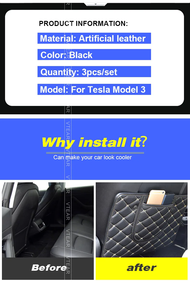 Vtear для Tesla модель 3 Аксессуары для спинки сиденья Kick-proof коврик Детский Kick pad авто анти-Грязная внутренняя защита подушка