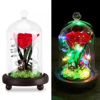

New Rose Flower with LED Light Preserved Rose Flower LED Light with Glass Cover Wooden Base Valentines'Day Wedding Gift