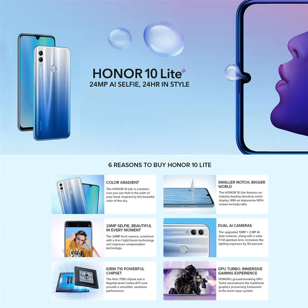 Honor 10 Lite Android 9.0 6.21inch 3+64GB Smart Phone 3400mAh 24MP 3 Camera Mobile Phone AI Camera Fingerprint Octa Core