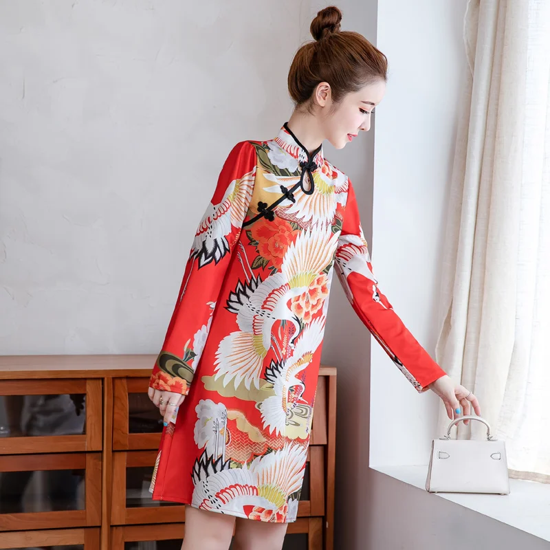 Китайское Новогоднее улучшенное платье Чонсам с принтом Журавля, мини-платья с длинным рукавом, модное весеннее женское платье с пряжкой Vestidos