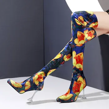 

OLOMLB Womens Over Knee Thigh&Ankle Boots Stretchy Floral Printed Mixed Colors Wine Glass Clear Transparent Heel Shoes New 2020