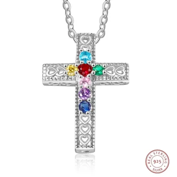 

925 Sterling Silver Personalized Cross Pendant Necklace with Birthstone Custom Jewelry Gift for Women Mom