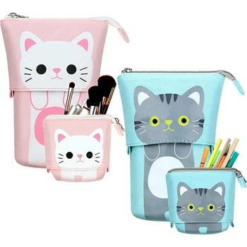 

A+2 Pcs Stand Up Telescopic Pencil Holder Transformer Box Cartoon Stationery Pouch Bag for Students (Gray and White Cat)