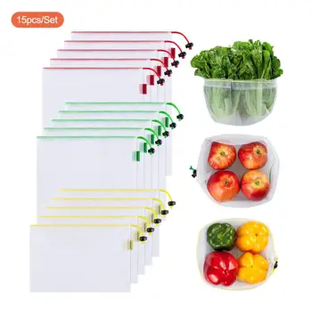 

15pcs 3 Sizes Reusable Mesh Produce Bag Washable Eco-Friendly Bags for Grocery Bag Holder Fruit Vegetable Organizer Pouch